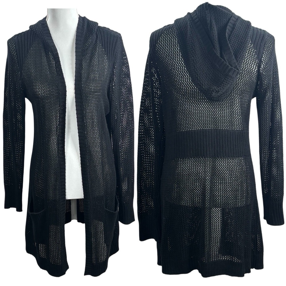 St. John's Bay Black Swimsuit Cover Up Womens M Black Open Knit Cardigan Cotton